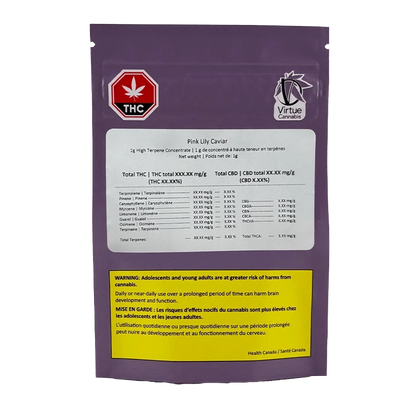 Rear view of the purple Pink Lily Caviar pouch showing a white product label, THC symbol, Virtue Cannabis logo, and a yellow health warning block.