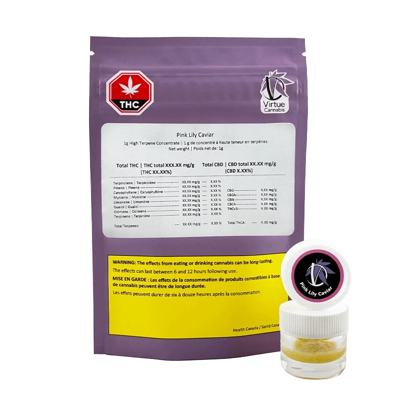 Front view of a purple pouch and small clear jar labeled Pink Lily Caviar, the pouch showing a white analysis panel and warning box.
