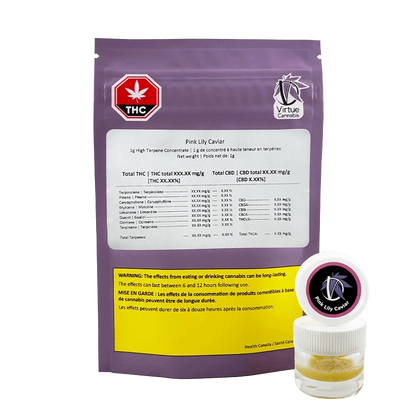 Front view of a purple pouch and small clear jar labeled Pink Lily Caviar, the pouch showing a white analysis panel and warning box.
