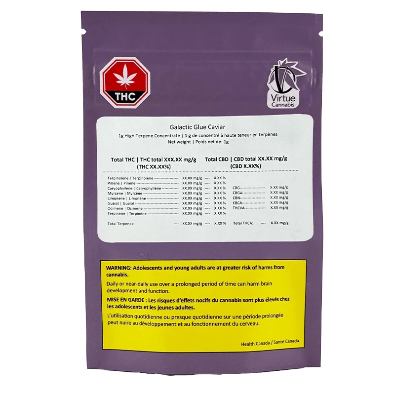 Rear view of the purple pouch showing the Galactic Glue Caviar label, terpene table and a yellow Health Canada warning panel.