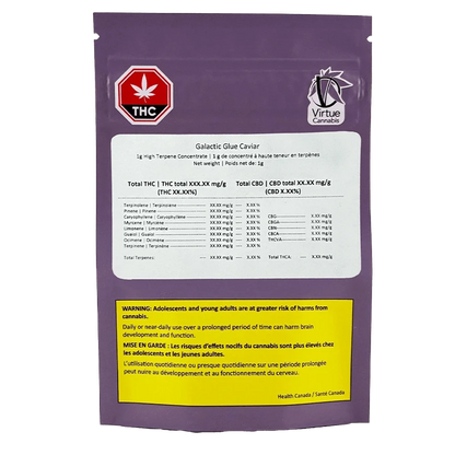 Rear view of the purple pouch showing the Galactic Glue Caviar label, terpene table and a yellow Health Canada warning panel.