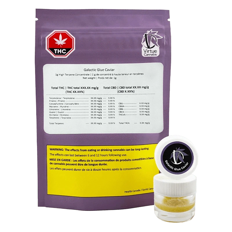 Front-facing shot of the Galactic Glue Caviar pouch and 1 g concentrate jar against a plain white background.