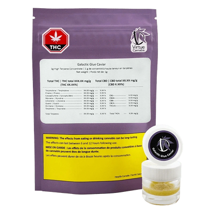 Front-facing shot of the Galactic Glue Caviar pouch and 1 g concentrate jar against a plain white background.