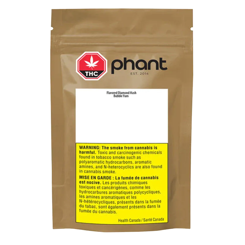 Front-facing shot of the Bubble Yum Hash pouch by phant, a tan resealable bag with a THC symbol and a yellow bilingual warning panel.