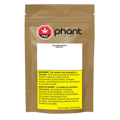 Front-facing shot of the Bubble Yum Hash pouch by phant, a tan resealable bag with a THC symbol and a yellow bilingual warning panel.