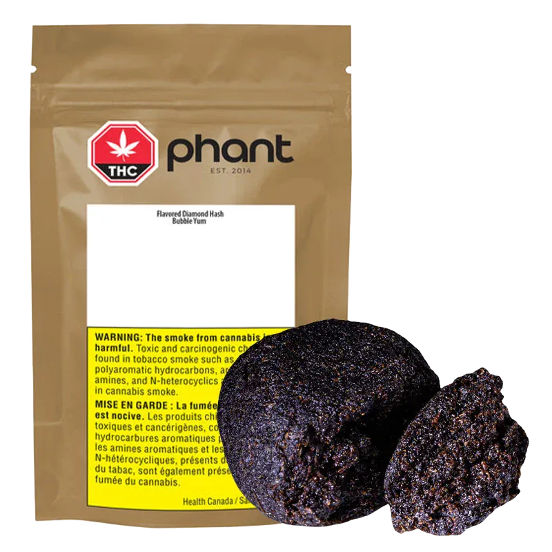 Three-quarter view of a brown resealable pouch behind two dark, crumbly Bubble Yum Hash pieces, showing the pouch's THC logo and warning label.