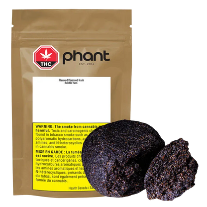 Three-quarter view of a brown resealable pouch behind two dark, crumbly Bubble Yum Hash pieces, showing the pouch's THC logo and warning label.
