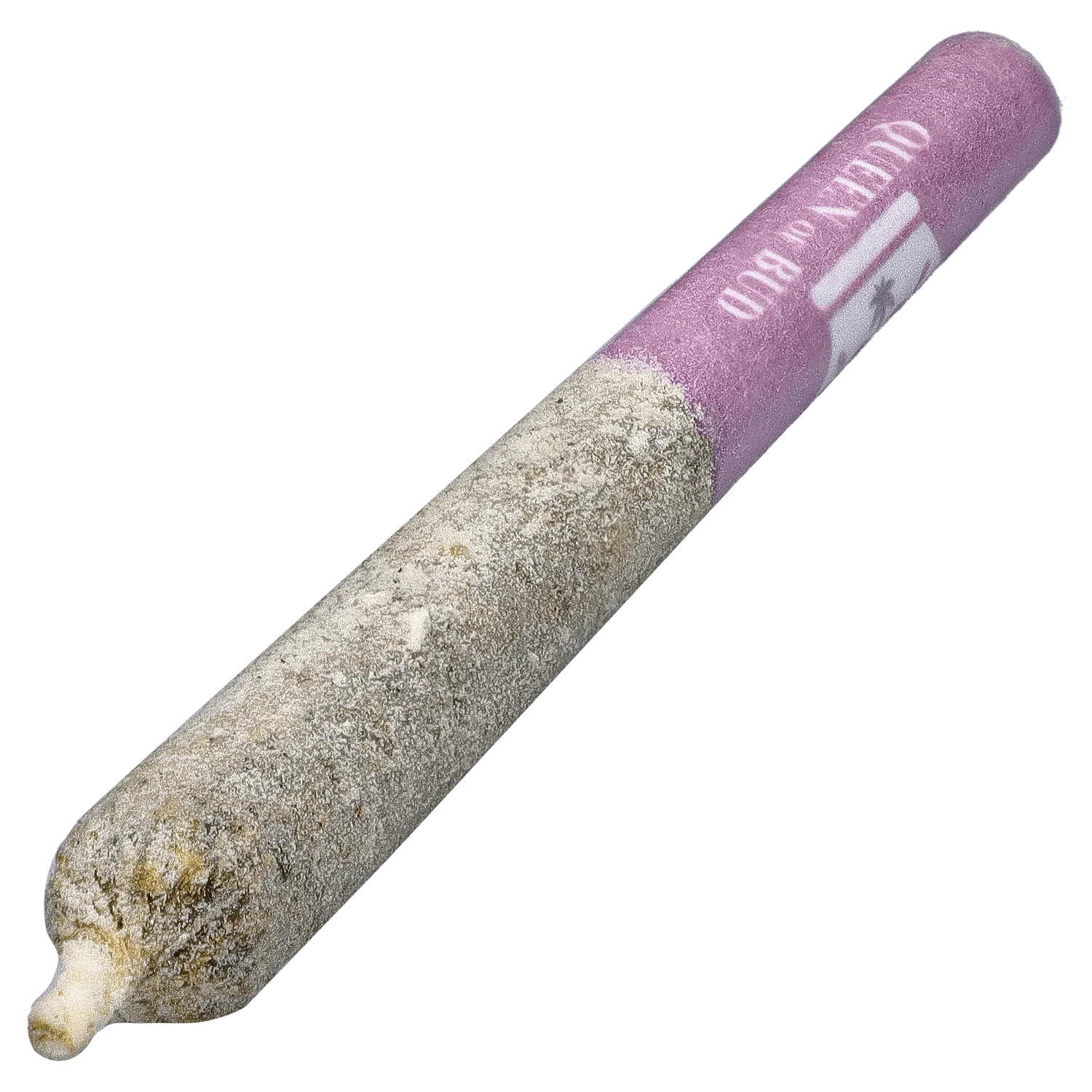 Angled close-up of the frosted, ash-tipped Princess Cut Amethyst Alignment Infused PR 3 x 0.5 g pre-roll with a purple branded filter.
