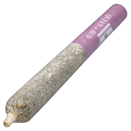 Angled close-up of the frosted, ash-tipped Princess Cut Amethyst Alignment Infused PR 3 x 0.5 g pre-roll with a purple branded filter.