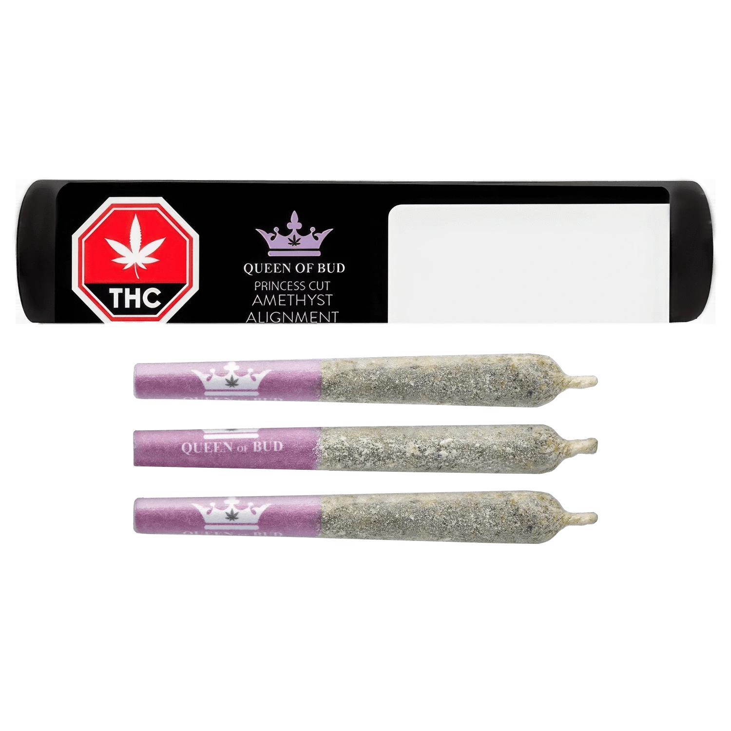 Center-aligned product shot of three cannabis joints with purple tips branded "Princess Cut Amethyst Alignment Infused PR 3 x 0.5 g" below a black package label featuring a purple crown and THC emblem.