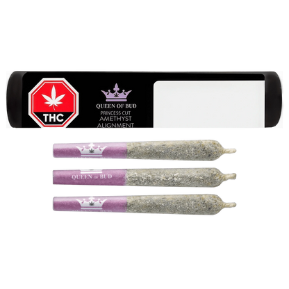Center-aligned product shot of three cannabis joints with purple tips branded "Princess Cut Amethyst Alignment Infused PR 3 x 0.5 g" below a black package label featuring a purple crown and THC emblem.