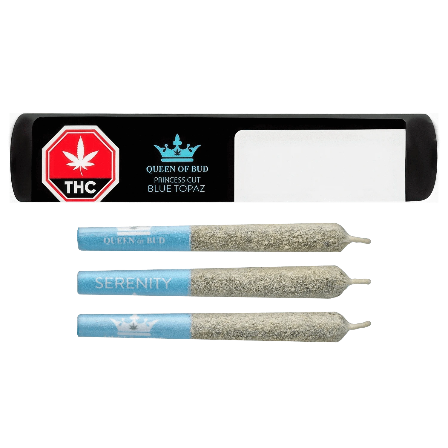 Top-down view of three blue-tipped pre-rolls and a black tray labeled "Princess Cut Blue Topaz Infused PR 3 x 0.5 g"