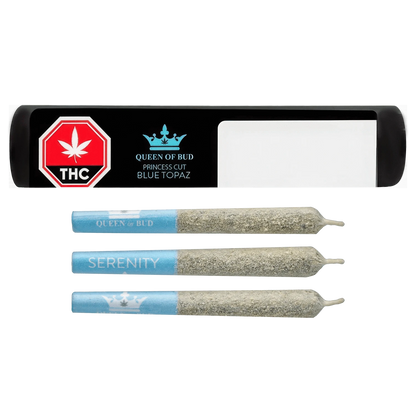 Top-down view of three blue-tipped pre-rolls and a black tray labeled "Princess Cut Blue Topaz Infused PR 3 x 0.5 g"
