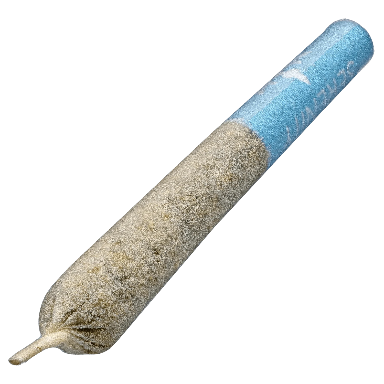 Diagonal close-up of the Princess Cut Blue Topaz Infused PR 3 x 0.5 g pre-rolled joint showing a blue tip and textured, kief-coated body.