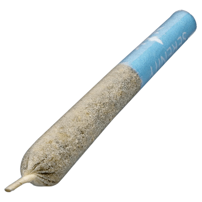 Diagonal close-up of the Princess Cut Blue Topaz Infused PR 3 x 0.5 g pre-rolled joint showing a blue tip and textured, kief-coated body.