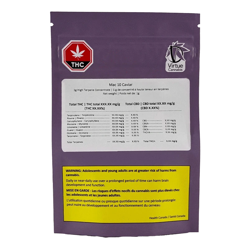 Rear view of a purple packet labeled Mac 10 Caviar with a white nutrition-style sticker, THC symbol and yellow warning box at the bottom