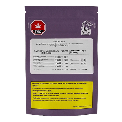 Rear view of a purple packet labeled Mac 10 Caviar with a white nutrition-style sticker, THC symbol and yellow warning box at the bottom