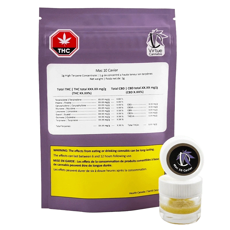 Rear view of a purple pouch and small clear jar labeled Mac 10 Caviar, pouch fronting white and yellow info panels and a Virtue Cannabis logo.