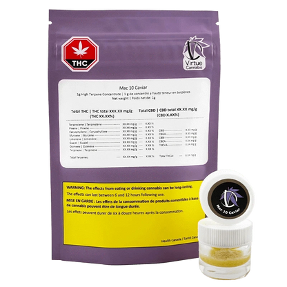 Rear view of a purple pouch and small clear jar labeled Mac 10 Caviar, pouch fronting white and yellow info panels and a Virtue Cannabis logo.