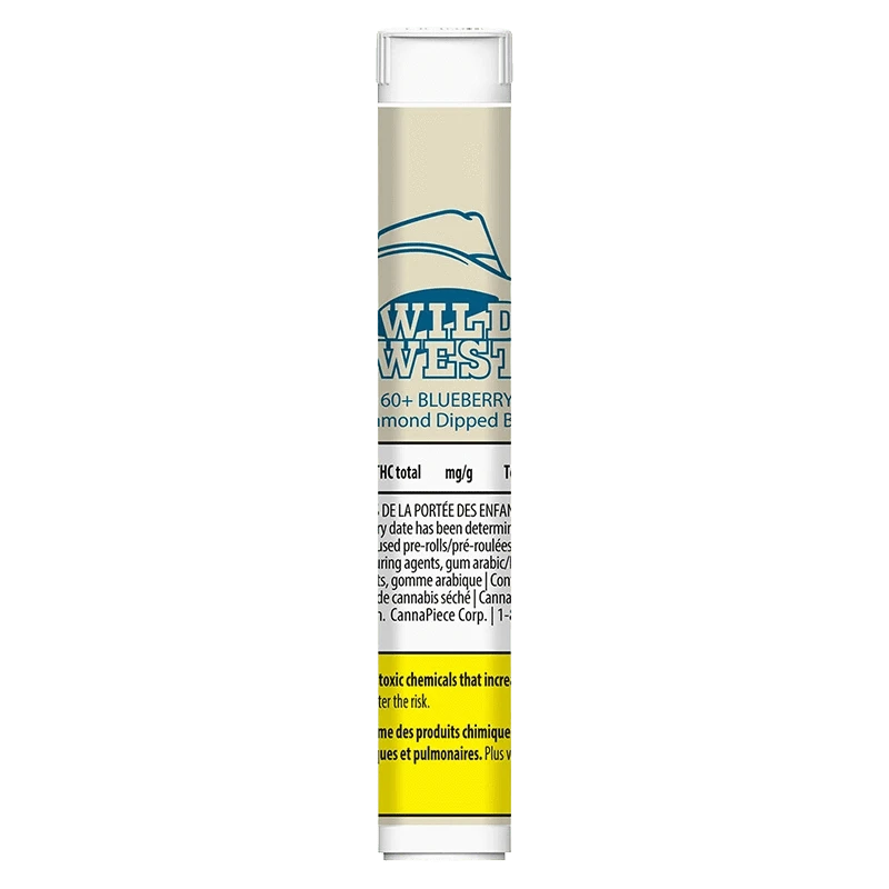 Tall front-on shot of the 60+ Blueberry Bronco Diamond Infused PR 3 x 0.5 g tube showing the Wild West logo, beige label, and warning text band.