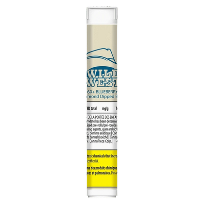 Tall front-on shot of the 60+ Blueberry Bronco Diamond Infused PR 3 x 0.5 g tube showing the Wild West logo, beige label, and warning text band.