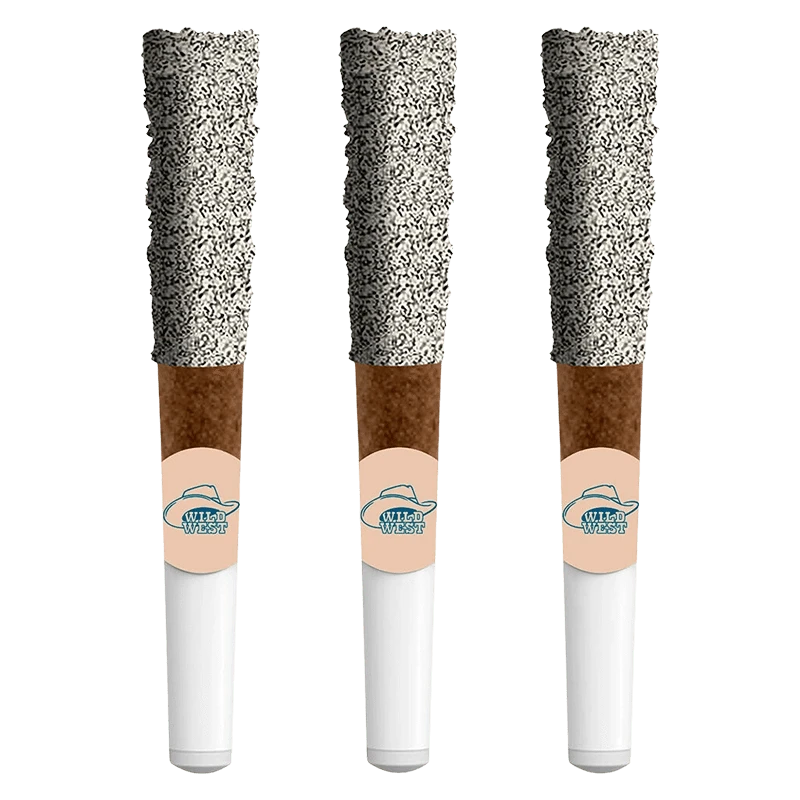 Three vertical pre-rolls photographed front-on against a white background showing speckled ash tops and "60+ Blueberry Bronco Diamond Infused PR 3 x 0.5 g" labels.