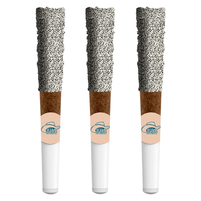 Three vertical pre-rolls photographed front-on against a white background showing speckled ash tops and "60+ Blueberry Bronco Diamond Infused PR 3 x 0.5 g" labels.