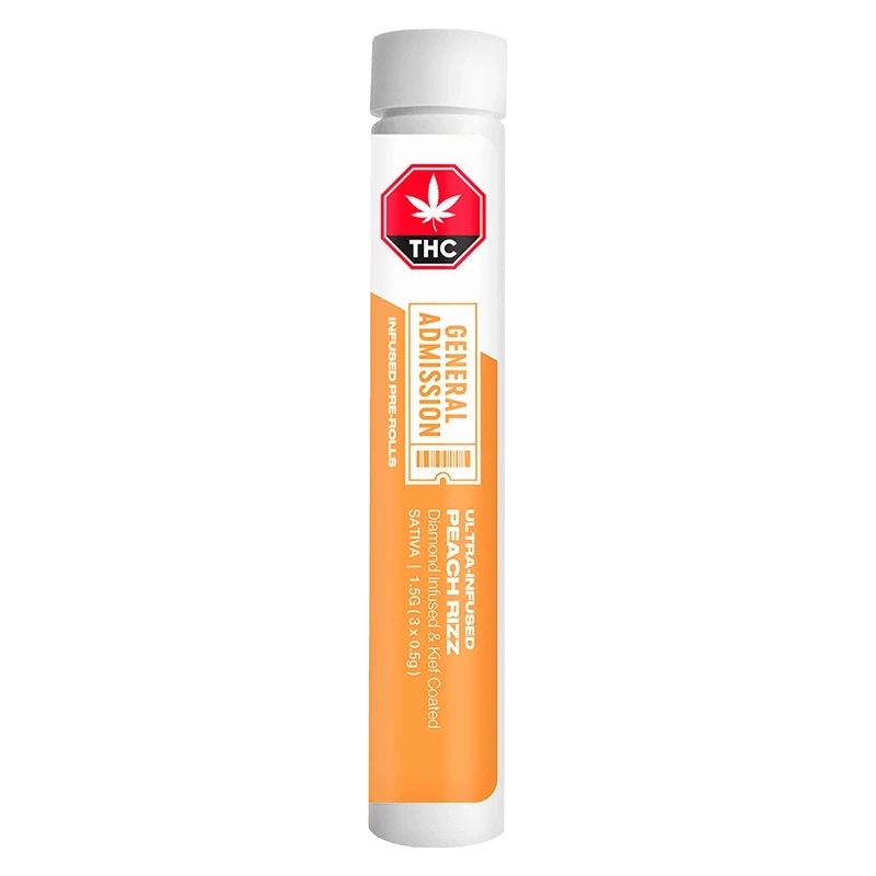Vertical front view of a white tube labeled Peach Rizz Diamond Infused PR 3 x 0.5 g with orange "General Admission" graphics.