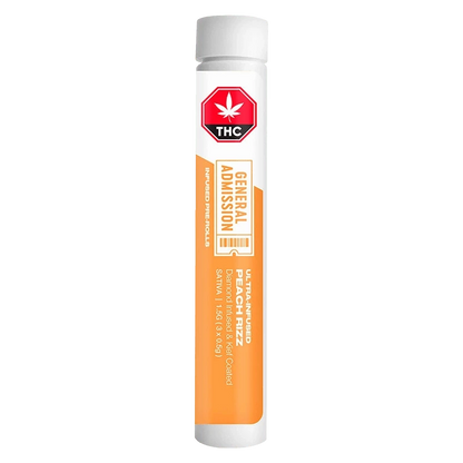 Vertical front view of a white tube labeled Peach Rizz Diamond Infused PR 3 x 0.5 g with orange "General Admission" graphics.
