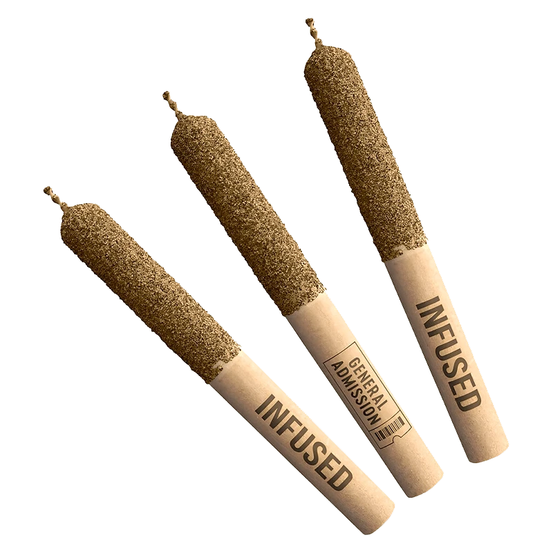 Three angled Peach Rizz Diamond Infused PR 3 x 0.5 g joints with textured, kief-coated tips and paper sleeves labeled "INFUSED" on a transparent background