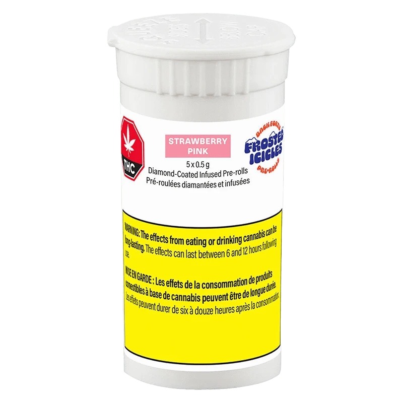 Close-up front view of the Strawberry Pink Infused PR 5 x 0.5 g white plastic container with a pink label panel and prominent yellow warning block.