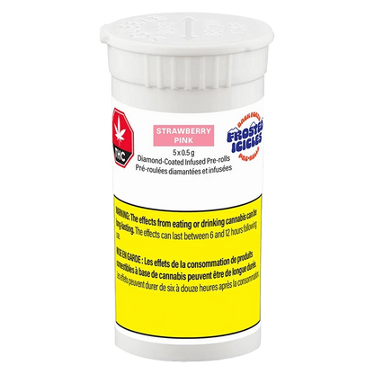 Close-up front view of the Strawberry Pink Infused PR 5 x 0.5 g white plastic container with a pink label panel and prominent yellow warning block.