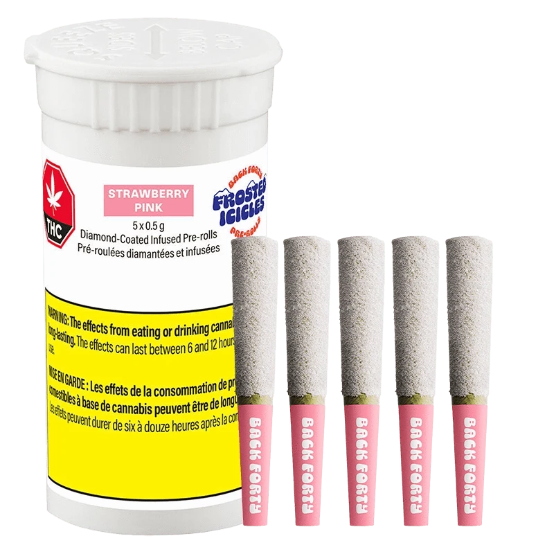 Front view of a white canister and five strawberry-pink tipped pre-rolls arranged upright, labeled Strawberry Pink Infused PR 5 x 0.5 g.