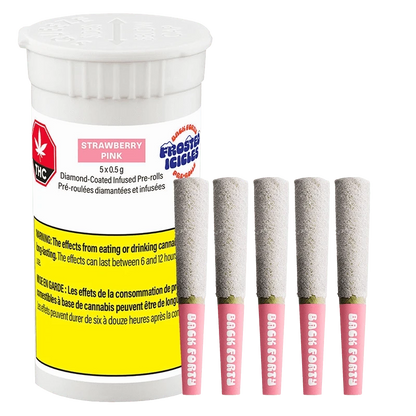 Front view of a white canister and five strawberry-pink tipped pre-rolls arranged upright, labeled Strawberry Pink Infused PR 5 x 0.5 g.