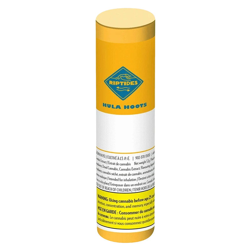 Tall front view of the yellow cylindrical Hula Hoots Infused PR 3 x 0.4 g tube with blue logo and small warning text near the base