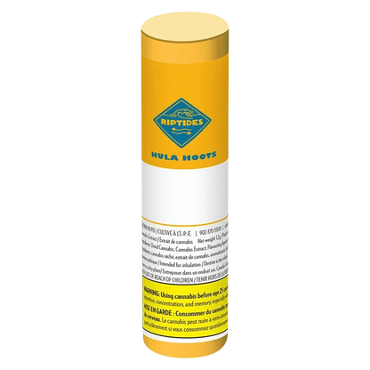 Tall front view of the yellow cylindrical Hula Hoots Infused PR 3 x 0.4 g tube with blue logo and small warning text near the base