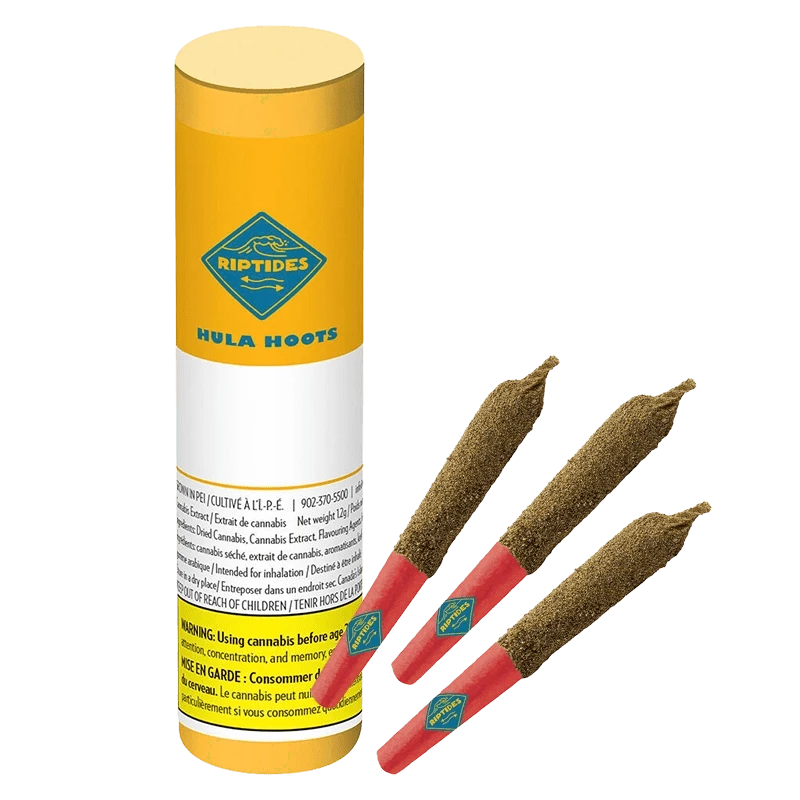 Cylindrical yellow tube standing upright next to three red‑tipped Hula Hoots Infused PR 3 x 0.4 g pre-rolls arranged diagonally on a plain background.