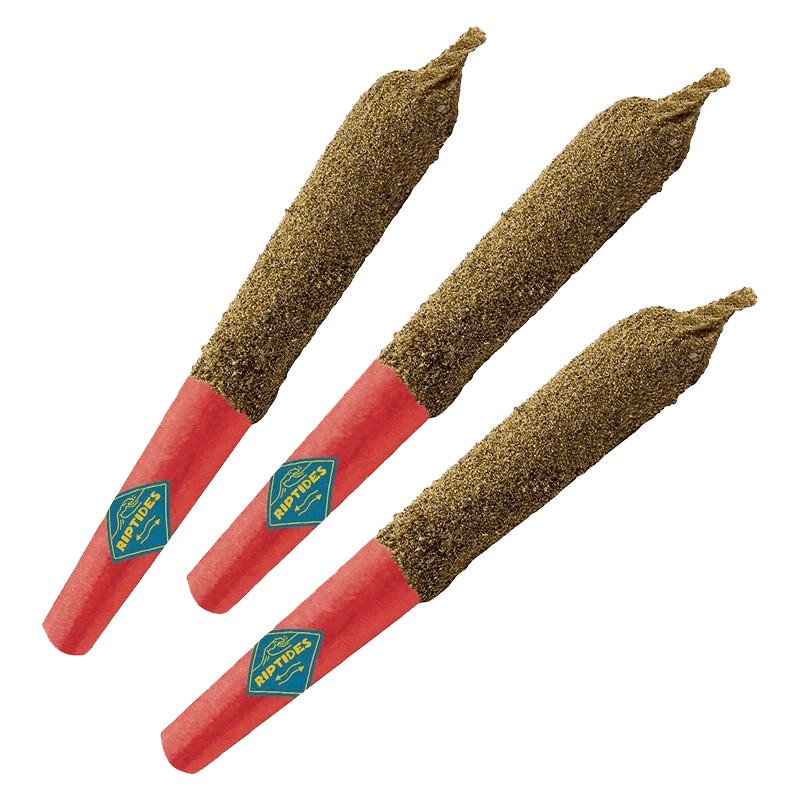 Three angled Hula Hoots Infused PR 3 x 0.4 g joints with red tips and a sprinkled coating shown on a plain background