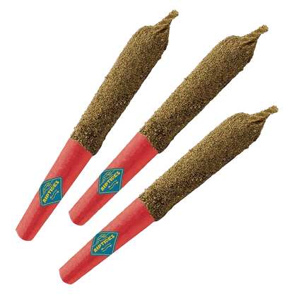 Three angled Hula Hoots Infused PR 3 x 0.4 g joints with red tips and a sprinkled coating shown on a plain background