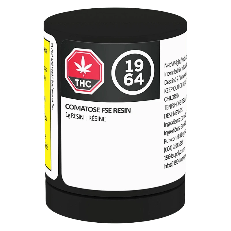 Angled front view of a black container labeled "Comatose FSE Resin" with a red THC stop-sign icon and "1964" round logo on a white product label.