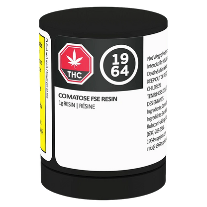 Angled front view of a black container labeled "Comatose FSE Resin" with a red THC stop-sign icon and "1964" round logo on a white product label.