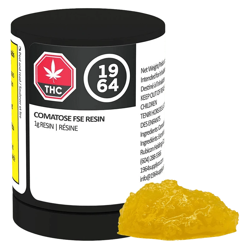 Angled front view of a black-lidded jar labeled Comatose FSE Resin with a glossy yellow resin mound beside it.
