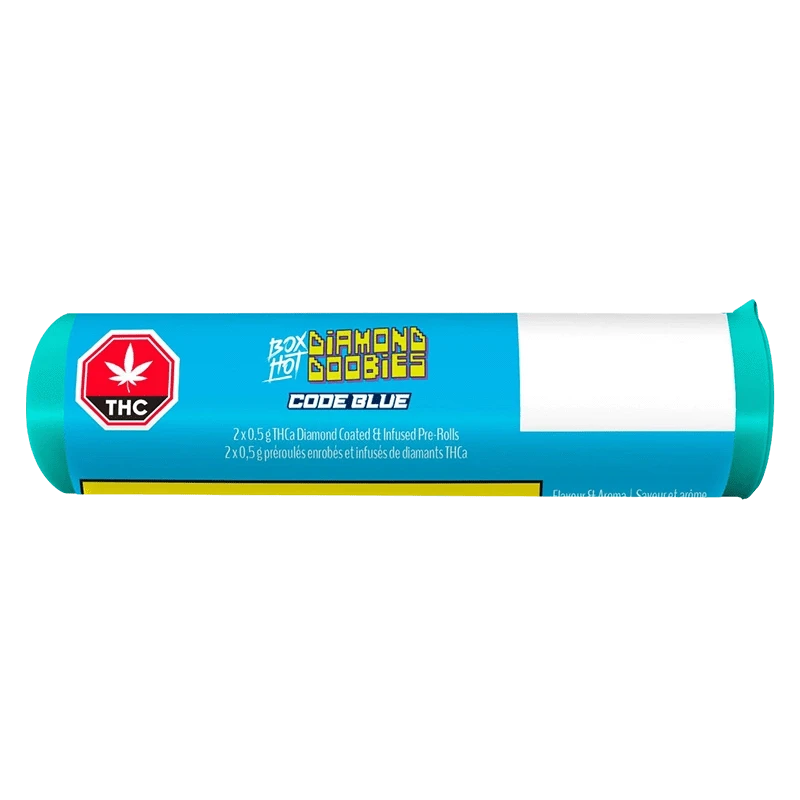 Horizontal studio shot of a bright blue tube labeled Diamond Doobies - Code Blue Infused PR 2 x 0.5 g with a red THC octagon and white blank address panel.