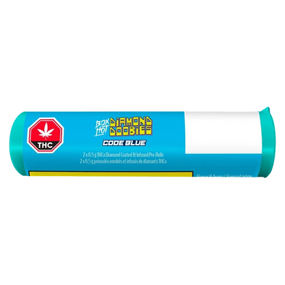Horizontal studio shot of a bright blue tube labeled Diamond Doobies - Code Blue Infused PR 2 x 0.5 g with a red THC octagon and white blank address panel.