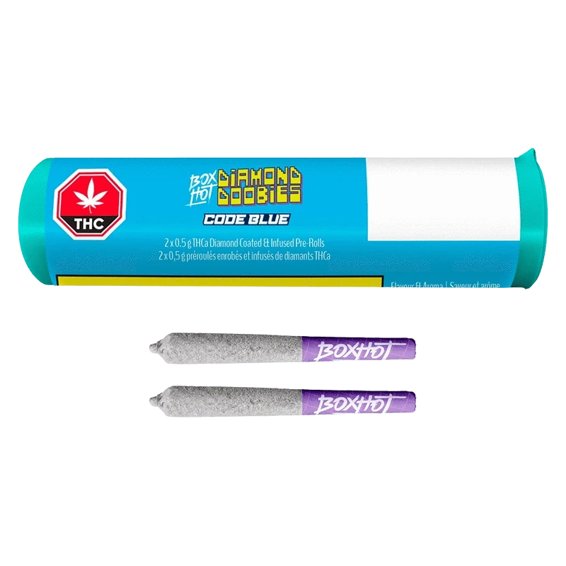 A front-facing shot of the turquoise tube and two diamond-coated pre-rolls labeled Diamond Doobies - Code Blue Infused PR 2 x 0.5 g, shown on a white background.