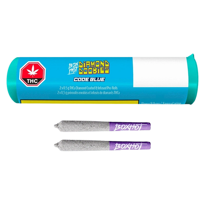 A front-facing shot of the turquoise tube and two diamond-coated pre-rolls labeled Diamond Doobies - Code Blue Infused PR 2 x 0.5 g, shown on a white background.