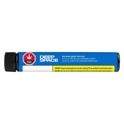 Horizontal close-up of the Deep Space Big Bang Berry Infused PR 3 x 0.5 g tube with blue label, black cap, and warning panel.