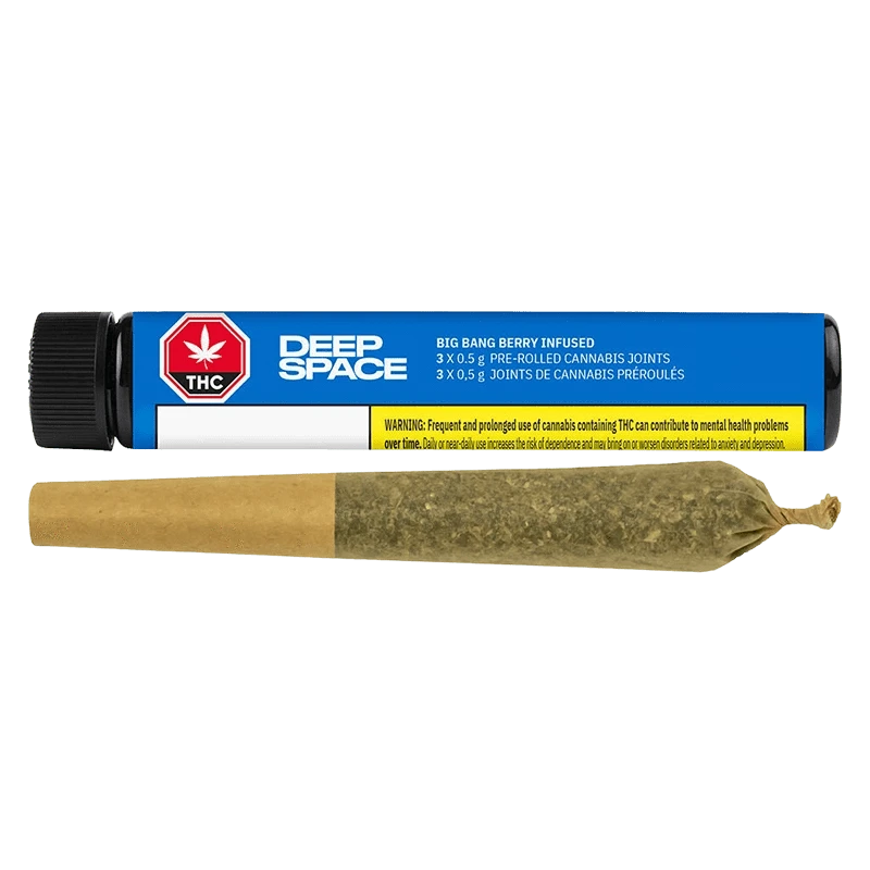 Side-on view of a Deep Space Big Bang Berry Infused PR 3 x 0.5 g blue tube with a pre-rolled joint laid in front.