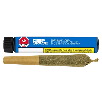 Side-on view of a Deep Space Big Bang Berry Infused PR 3 x 0.5 g blue tube with a pre-rolled joint laid in front.