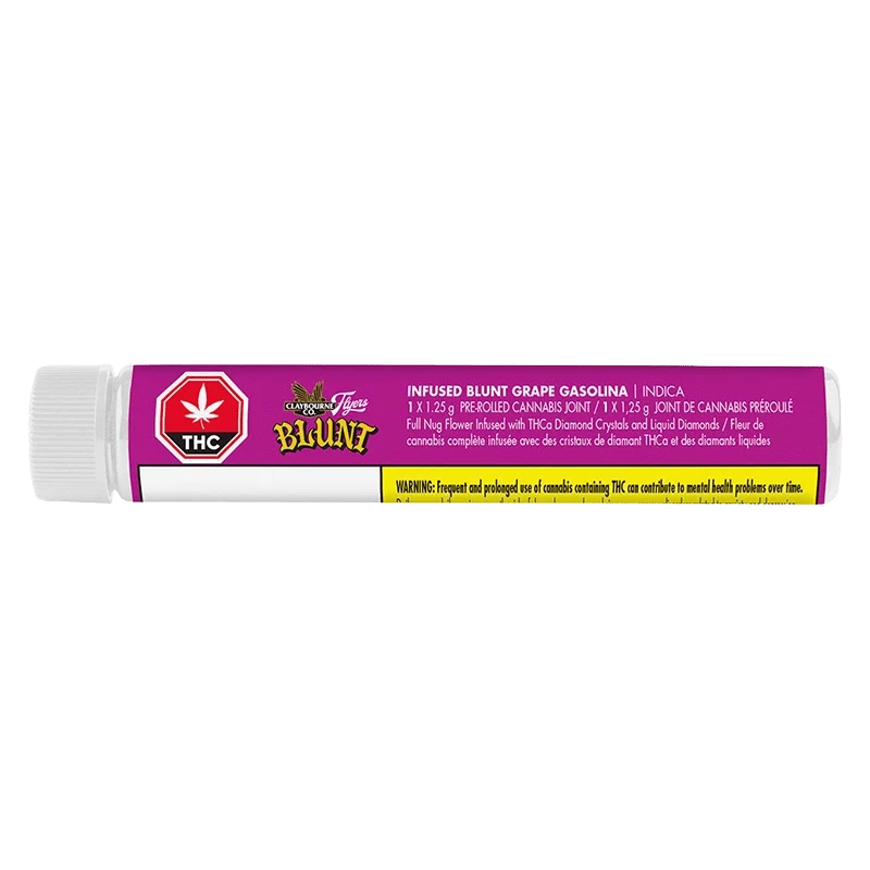 Horizontal close-up of a purple tube labeled "Grape Gasolina Infused PR 1 x 1.25 g" with a white cap and THC warning strip.